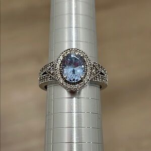 Light Blue and Clear Cubic Zirconia 925 Silver Plated Ring